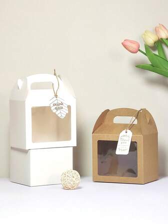 6pcs/Set Gift Boxes With Display Window, White Packaging Boxes, Kraft Paper Boxes, Kraft Paper Handle Covered Boxes, Mountain Peak Boxes, Barn Boxes, For Children's Birthday Party, Wedding, Baby Shower