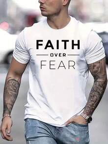 Men'S Faith Over Fear Christian Graphic T-Shirt - With Lettering, Casual Round Neck Short Sleeve, Breathable Summer Tee For Church Events & Casual Attire, Inspirational Bible Verse Apparel - trắng - Xem 3
