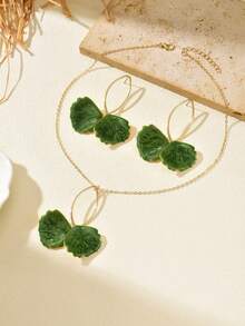 1 Set Versatile Leaf Enamel Gradient Pendant Necklace & Earrings Set, Casual Style Jewelry Set For Women - Green - View 3