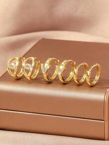 6 pezzi Set di orecchini eleganti con quadrifoglio e forma geometrica a C in zirconia cubica, accessori di gioielleria di moda, regali di lusso per donne, stili multipli, adatti per uso quotidiano, festival, appuntamenti, vacanze, regali