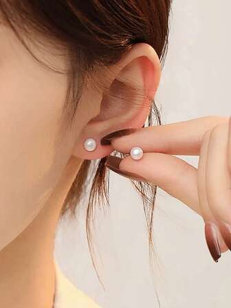 1 Pair Stainless Steel Hypoallergenic Earrings Jewelry Fashion Freshwater Faux Pearl Button Ball Stainless Steel Stud Earrings