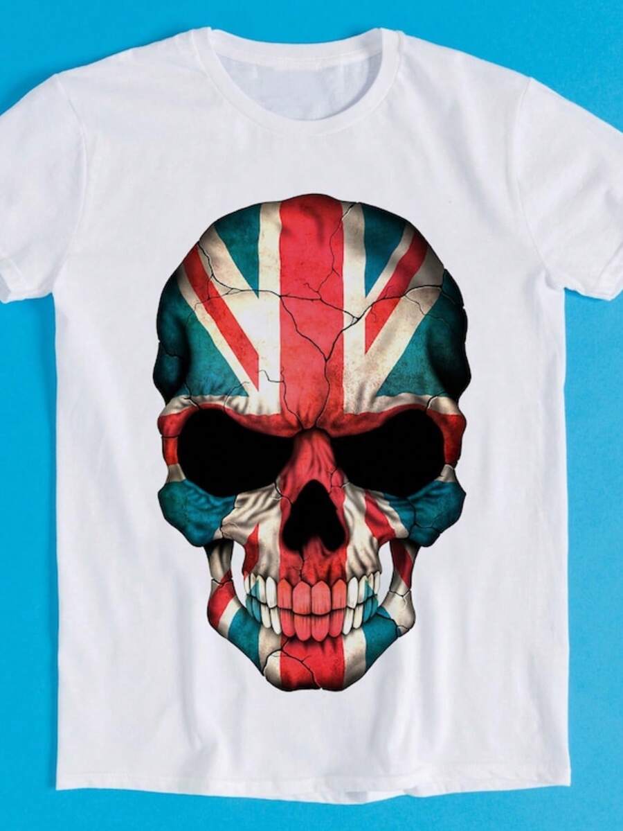 British Skull T Shirt Union Jack Flag England Crown Coronation King Queen Jubilee Cool Gift Tee K207 - 白色 - 查看 1