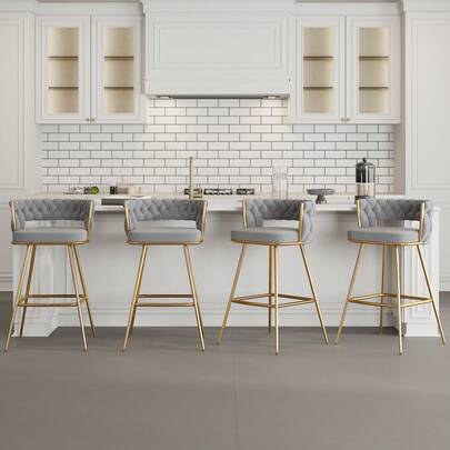 VECELO Set Of 4 Grey PU Leather Bar Stool With Electroplated Metal Frame – 34-Inch Tall Bar Chair With Footrest, For Kitchen Island And Home Bar