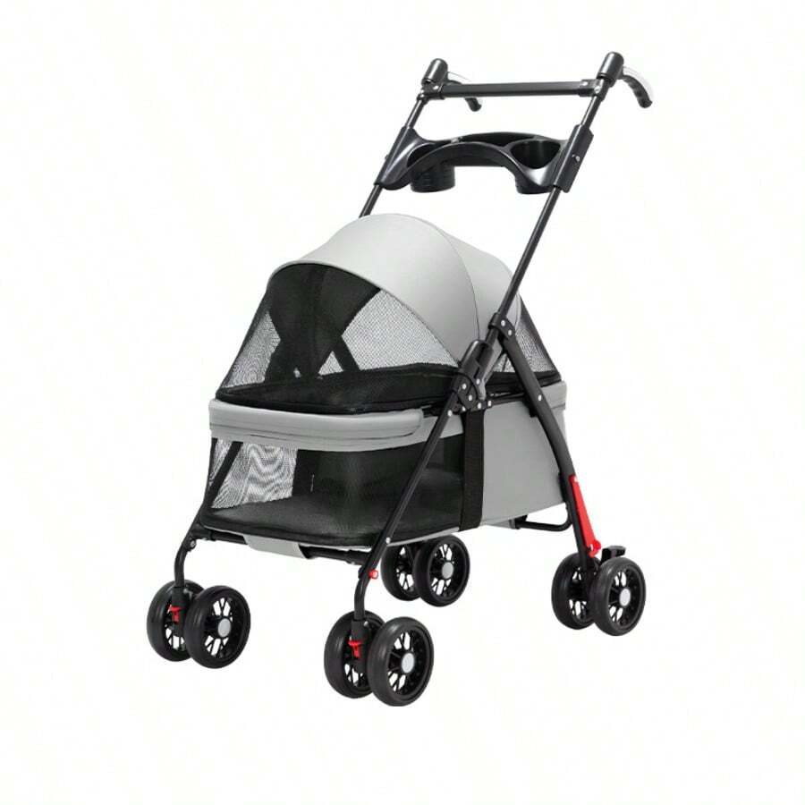 4-Wheel Pet Stroller Foldable - Breathable Mesh & Rotating Handle, Ideal For Dog Cat Outdoor Trips - Grey - View 1