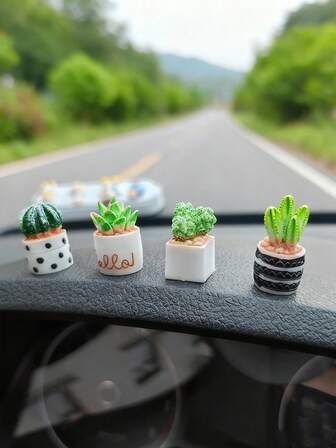 4pcs Car Interior Ornaments, Cute Cactus Potted Plants, Car Center Console, Car Interior Decoration Accessories