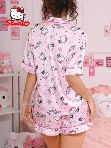 Bộ đồ ngủ Sanrio 2 món dành cho nữ, Hồng & Trắng, Gấu & Chữ & Trái tim & Họa tiết da báo, Tay ngắn & Quần đùi, Đồ ngủ, Bộ đồ ngủ dễ thương, Bộ đồ mặc nhà - Màu Hồng baby - Xem 2