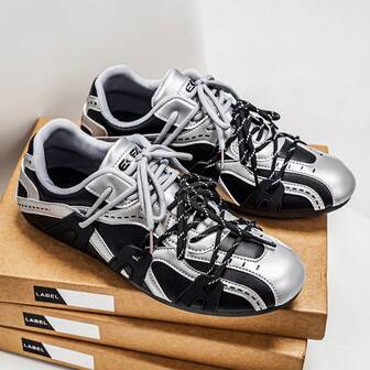 Men's Low-Top Casual Sneakers, Non-Slip Sports Shoes, Retro Style Blue & Beige Color Block Design, Round Toe Lace-Up, Unisex Loafers