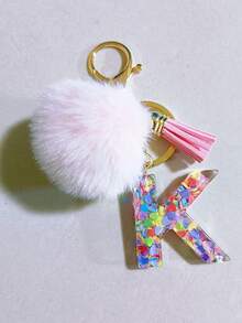 1 件字母首字母钥匙扣可爱毛绒绒球钥匙链环包背包饰品汽车挂件女士女孩礼物，可爱亮片树脂钥匙扣，钱包和手提包配件，带流苏的钥匙扣，字母首字母 A-Y 学校 - 粉色 - 查看 8