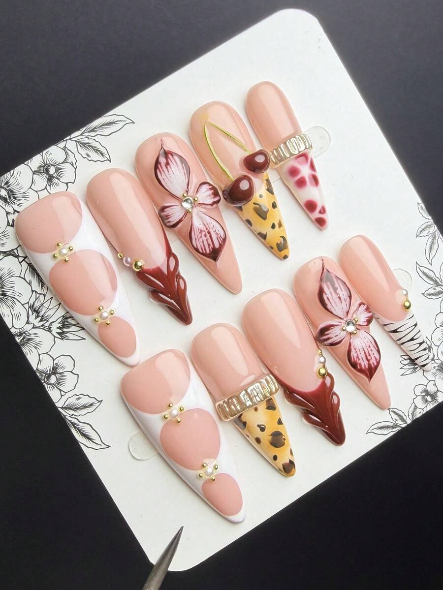 1 Set Of 10 Y2K Hot Girl Style Press Style Pointed Nail Art Pure Handmade False Nails, With Nude, White, Reddish Brown, Yellow Nail With Carved, Steel Ball, 5D Cherry, Leopard Print, French Element Design. Women And Girls Can Wear Glossy Nail, Suitable For Daily Wear At Parties And Dances, Including A Tool Kit. (Note That Accessory Colors Are Random) - Multicolor - View 1
