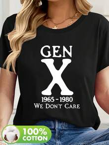 Women's Short Sleeve T-Shirt - Bold GEN X Graphic Print With Vintage 1965-1980s Slogan And "We Don't Care" Slogan, Casual Crew Neck Summer Essential, Machine Washable, Cute Short Sleeve Tops, Easy Care Clothing, Straight Sleeve T-Shirt, Breathable Fabric, Durable Print T-Shirt - 黑色 - 查看 9