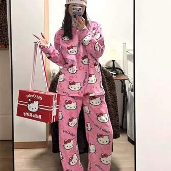 Sanrio 2pcs/Set Cartoon Kitty Print Flannel Cute KT Pajama Pants, Comfortable Home & Sleepwear