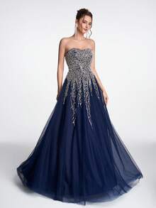 Elisanya Anymoon Women's Luxurious And Elegant Beaded Decor Strapless Evening Dress, Suitable For Hosting Galas, Red Carpet, Graduation Prom, Bridal Toast, Gala Dinner, Engagement Party - Navy Blue - View 5