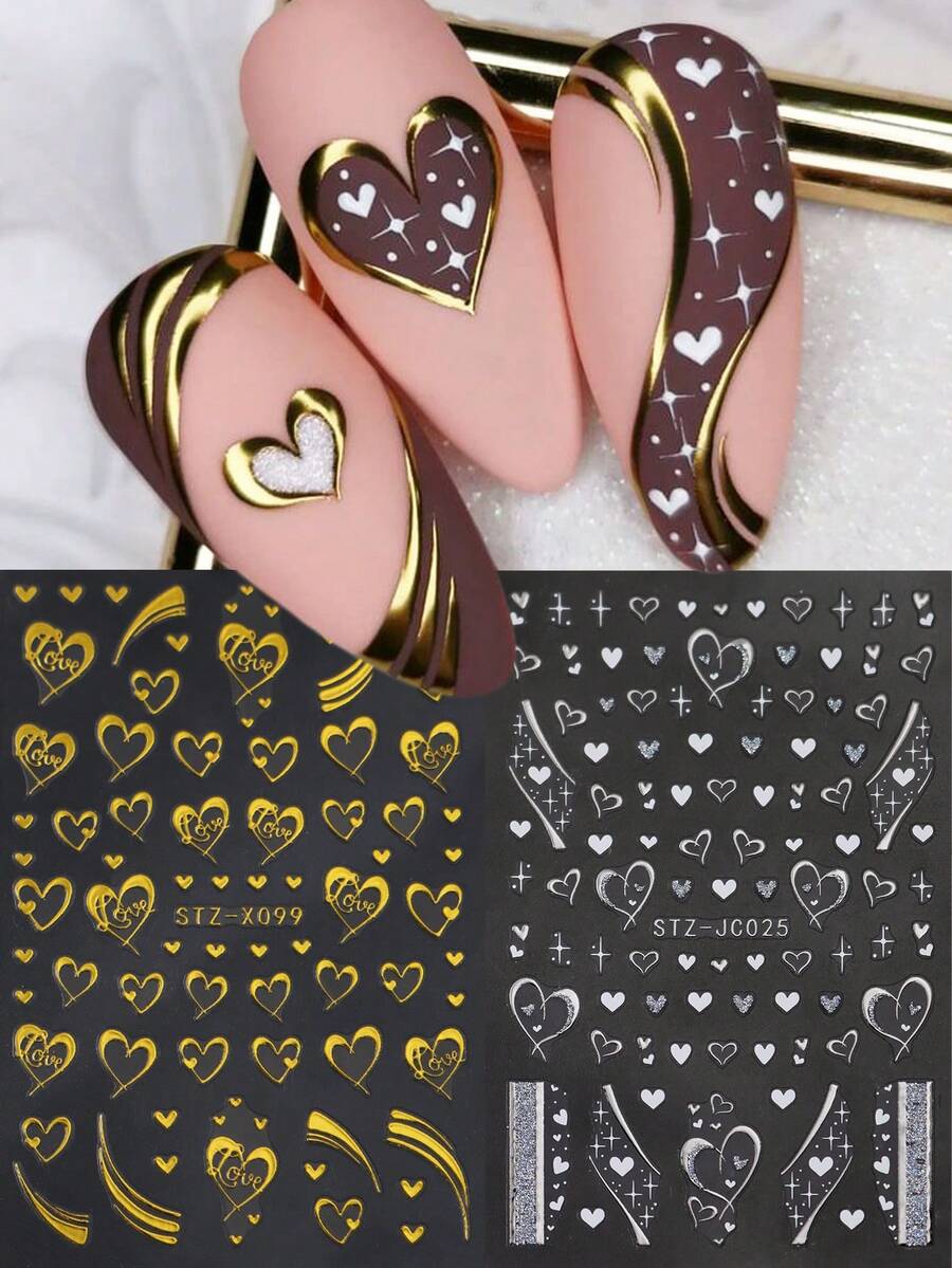 2pcs Gold Silver Heart Nail Art Stickers Decal, Chrome White Heart Nail Decals Foils Self Adhesive Sliders, Charms Valentines Day Designs Sticker For Nails Decorations Manicure Accessories