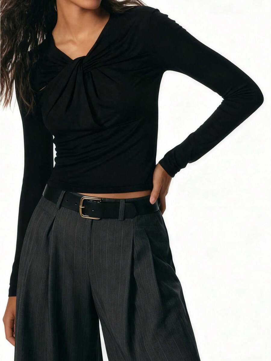 Women's Spring Summer Basic Tops Long Sleeve Solid Color Slim Fit Twist Knot Front Blouse - Black - View 1