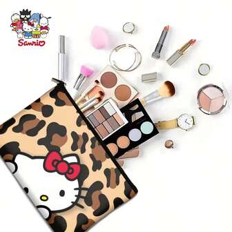 Hello Kitty 豹纹化妆包 - 耐用涤纶旅行化妆品收纳包，带安全拉链，可机洗，小巧便携，适合女性、健身、露营、商务旅行和度假