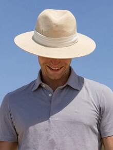 Men's Woven Trim Dress Top Hat - 米色 + 米色絲帶 - 查看 4