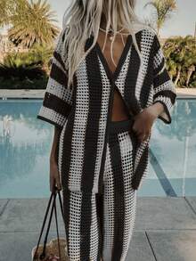 Trang phục đi nghỉ mát, thời trang mùa hè, kỳ nghỉ thoải mái, đi biển - Áo khoác cardigan dáng rộng cài nút phối màu tương phản thanh lịch, có cổ, kèm quần tay ngắn khoét lỗ, bộ đồ dệt kim 2 mảnh dành cho nữ. - Đen và trắng - Xem 6