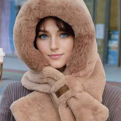 女士冬季保暖围巾和针织帽套装，柔软加厚保暖内衬耳罩，条纹工艺毛绒针织帽，可折叠设计，无弹性，可手洗，交叉领口保暖围带，打造时尚造型，冬季百搭保暖配饰