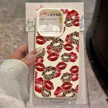 1Pc Super Beautiful Red Lips And Leopard Print Lips White Soft Case Mobile Phone Case Protective Case Is Suitable For IPhone17/16/15/14/13/12 11 17Pro Max Series And 14/15/16 Plus 17Air 17promax And Other Models Birthday Gifts, Holiday Gifts, Friends Gifts, Couples Mobile Phone Case, Boyfriend And Girlfriend Gifts - 白色 - 查看 1