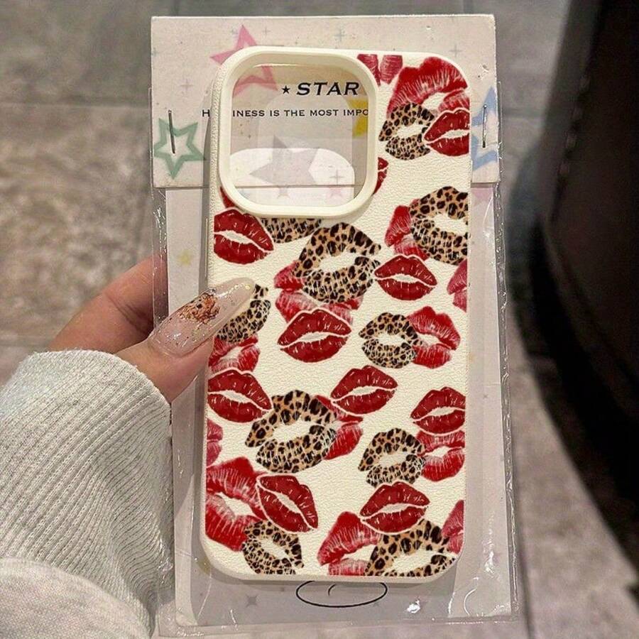 1Pc Super Beautiful Red Lips And Leopard Print Lips White Soft Case Mobile Phone Case Protective Case Is Suitable For IPhone17/16/15/14/13/12 11 17Pro Max Series And 14/15/16 Plus 17Air 17promax And Other Models Birthday Gifts, Holiday Gifts, Friends Gifts, Couples Mobile Phone Case, Boyfriend And Girlfriend Gifts - 白色 - 查看 1