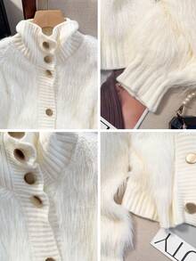 JIANHU Korean Style Fluffy Knit Cardigan - Soft Faux Fur Sweater With Fan-Shaped Ruffle Trim And Pearl Buttons, Comfortable High Collar Jacket, Versatile For Daily Wear, Autumn/Winter - White - View 8
