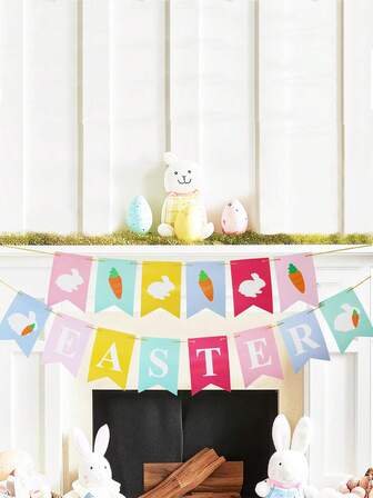 1pc-Easter Decorations Garland Decor, Cute White Bunny Carrots Easter Mantel Garland,Easter Bunny Banner, Pink Blue DIY Paper Rabbits Fireplace Banners For Home Office Spring Celebrations Indoor
