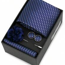 男士正式婚礼领带套装，涤纶面料领带，口袋巾，袖扣，胸针礼盒套装，金色格子图案 - 混色 - 查看 52