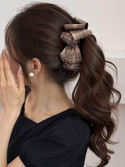 1pc Elegant Brown Plaid Multi-Layer Bow Hair Clip, Vintage Twist Banana Hair Accessory, Suitable For Daily, Casual, Party, Work, Vacation, Face Washing, Makeup, Outfit Matching, Claw Clips, Hair Slide, Hair Barrettes, Head Accessories, Hair Accessories For Women