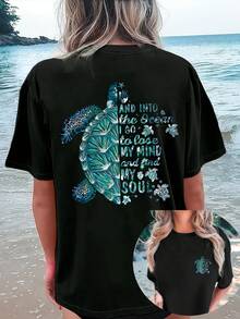 T-shirt da donna per vacanze al mare tropicali - Stampa "Sunshine Vibes" su entrambi i lati, top casual a maniche corte con scollo rotondo in poliestere, lavabile in lavatrice, adatta a tutte le stagioni. - nero - Visualizzare 6