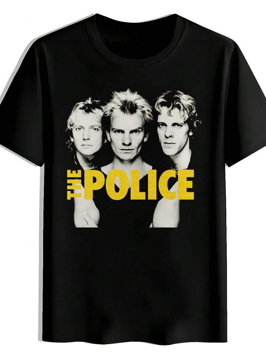 The Band Logo & Members Print T-Shirt - Vintage 80s Retro Rock Tee With Sting, Andy Summers & Stewart Copeland Portraits - Casual Short Sleeve Round Neck Summer Top For Concerts, Gifts & Music Fans - 黑色 - 查看 1