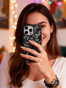 1pc Elegant Black Lace Floral Pattern Protective Phone Case, TPU Shock-Proof Cover, Compatible With IPhone 17 Pro Max/17 Pro/17/16 Pro Max/16/16 Pro/16 Plus/15/15 Pro Max/15 Pro/15 Plus/11/12/13/14 Pro Max/11 Pro Max/12 Pro/12 Pro Max/13 Pro/13 Pro Max/14 Pro/14 Pro Max/14 Plus, Great Gift For Family, Couples, Friends - 黑色 - 查看 6