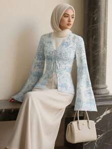 1 chiếc áo kiểu nữ Hồi giáo, tay chuông, in họa tiết phong cảnh, thắt nơ phía trước, thích hợp mặc hàng ngày, đi nghỉ lễ và các dịp lễ hội, áo màu xanh dương. - Màu xanh lam - Xem 5