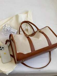 1pc Canvas Color Block Patchwork Fashion Travel Bag, Unisex Travel Luggage Bag, Suitable For Overnight, Commuting, Short Trips (Small Size For Commuting, Large Size For Short Trips) - Brown - View 2