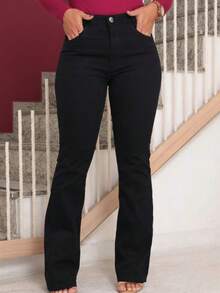 Women's High-Waisted Flare Jeans With A Butt-Lifting Effect, Featuring Lycra And Elastane, Casual Style, Zipper, Pockets, And Button Closure For Everyday Wear. - Black - View 1