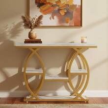 LITTLE TREE Space-Saving 39.4 Inch Console Table, Industrial 4-Tier Narrow Table With Storage For Hallway & Foyer, White And Gold Metal Frame Accent Piece For Small Spaces - Gold - View 3