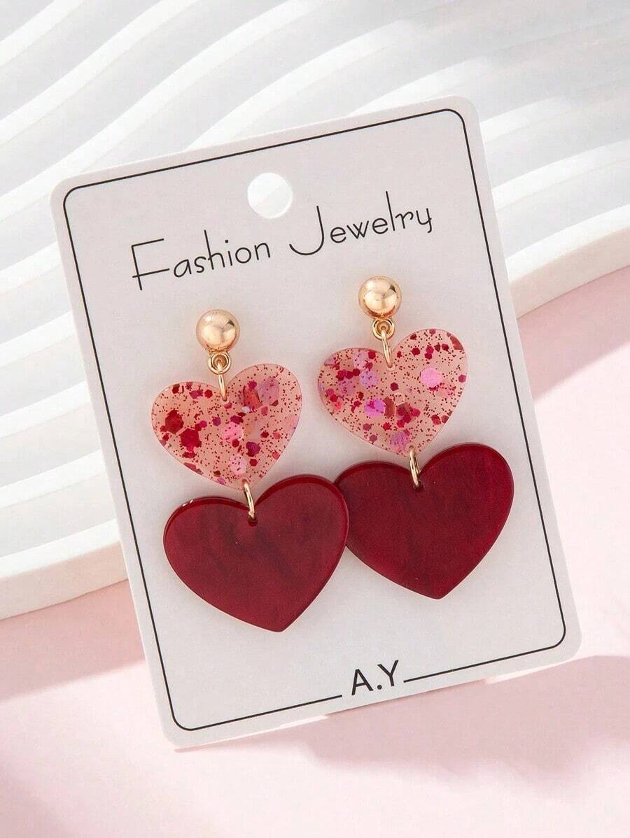 1 Pair Acrylic Romantic Valentine's Day Colorful Sequin Red Heart Design Earrings, Perfect Gift For Ladies On Dates Valentines,Mom,Mother,Mother's Day,Gift - 紅色 - 查看 1