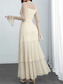 Vestido moderno, romántico, sexy y elegante con estampado de lunares, cuello alto, cintura con doble abertura y dobladillo multicapa, adecuado para citas, vacaciones y vida diaria en primavera - Albaricoque - Ver 3