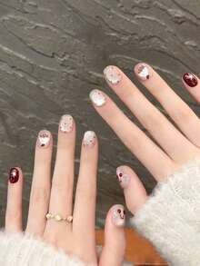 10 件手工美甲贴纸，樱桃、雪花、蛋糕元素、酒红色粘性指甲贴，适用于美甲师指甲，按压指甲，美甲用品