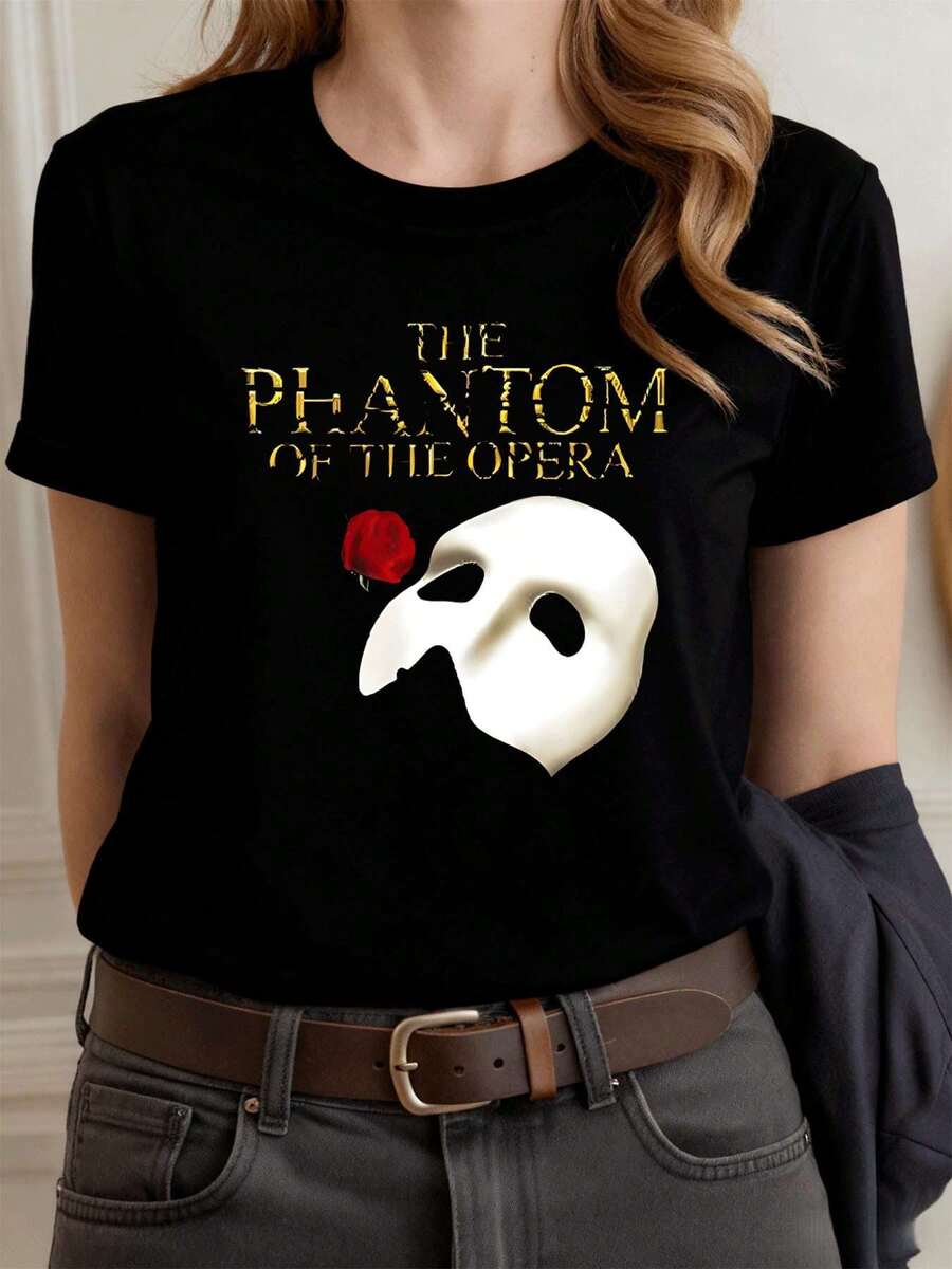 Maglietta grafica Phantom Opera, tessuto di qualità, vestibilità comoda, traspirante, street hip-hop, stampa artistica - nero - Visualizzare 1