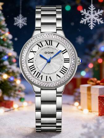 DOM 1 szt. damski, casualowy, biznesowy zegarek kwarcowy ze stalową bransoletą i rzymskimi cyframi wysadzanymi diamentami, idealny na prezent dla niej na święta/Boże Narodzenie