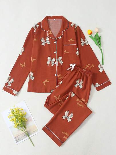 [Dreamery]Bow Print Women Long Sleeve & Long Pants Pajama Set