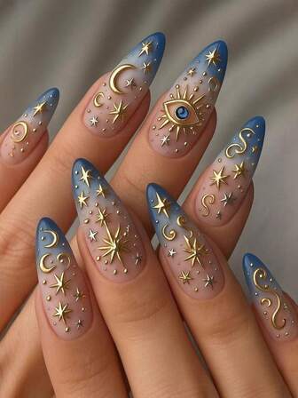 24pcs 3D Moon & Star Almond Shaped Short Nail Tips, Includes Nail File & Gel, Suitable For Women & Girls For Festivals, Parties, Events - Blue Eyes Bohemian