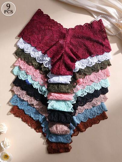 Conjunto de 9 piezas de pantalones cortos tipo boxer de encaje y cintura media para mujer - Bragas realzadoras de glúteos sexy, cómodas y elásticas, tipo culotte para uso diario y deportivo, lencería de yoga