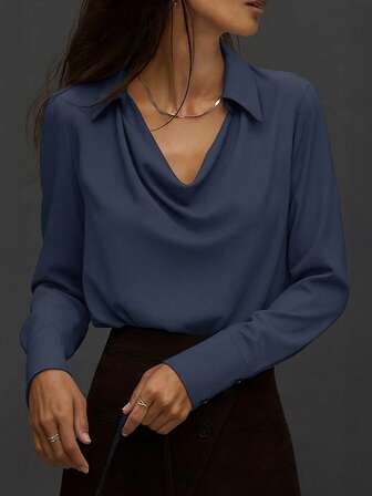 Plusstorlekar Dam Klassisk enfärgad skjorta med knappdetalj, långärmad, lämplig för höst, business casual, elegant och minimalistisk kontorsblus för höst/vinter