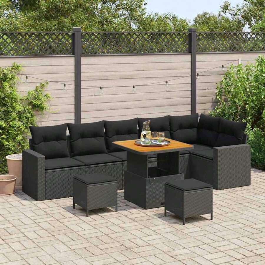 Garden Sofa Set - Height-Adjustable 9-Piece Black Poly Rattan Outdoor Lounge Furniture - Black - View 1