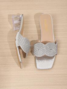 1 Pair Silver Soft PU Wavy Braided Criss-Cross Strap Rhinestone Embellished Transparent Chunky Heel Slip-On Sandals, Stylish & Elegant, Suitable For Teenage Girls, Daily, Party, School, Travel, Spring/Summer 2026 - Silver - View 5