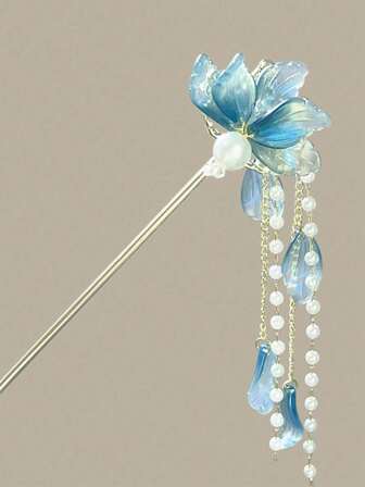 Pasador de pelo con flor azul de estilo antiguo con sensación de alta gama, nuevo accesorio para el cabello de mujer con estilo chino, con borla de perlas falsas, pasadores, tocados, pasadores, extensión de moño, pasadores para peinado