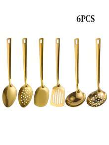 1/4/6pcs Stainless Steel Kitchen Utensil Set, Including Serving Spoon, Salad Spoon, Cake Shovel, Skimmer, Small Spoon And Turner. Multi-Purpose Cutlery Set For Home, Restaurant, Party, Etc. ,Kitchen,Christmas Gift - Gold - View 8