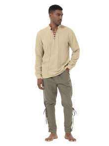 Medieval Inspired Drawstring Long Sleeve Shirt For Men, Viking Costume - Khaki - View 5
