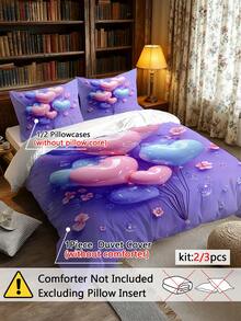 2/3pcs Elegant Purple Heart Bedding Set, Digital Printed Soft & Comfortable, Suitable For Bedroom, Guest Room, Dorm, Hotel - Multicolor - View 5